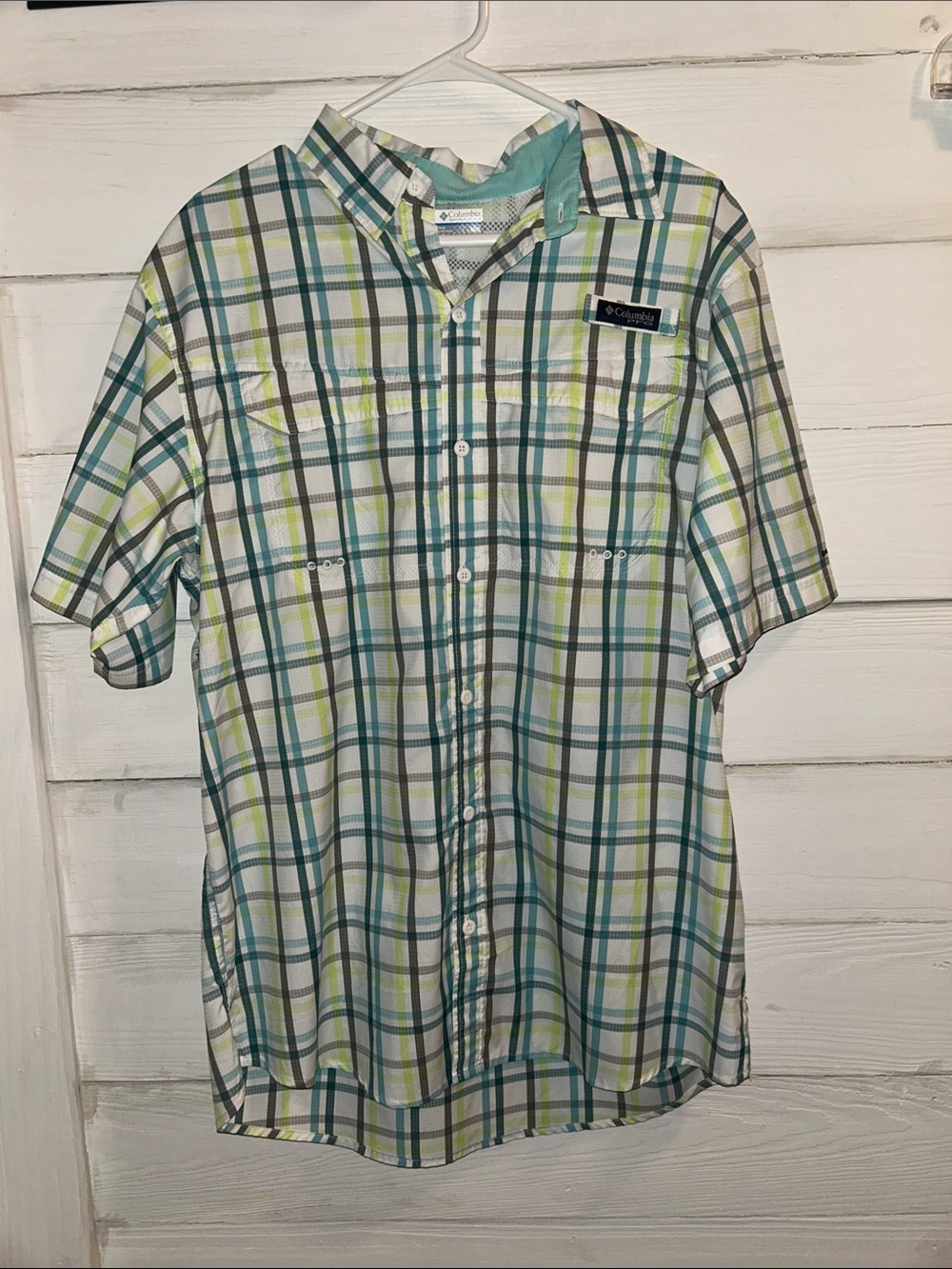 Columbia Men's Short-Sleeve Plaid Button-Up Shirt - Teal/Green/White